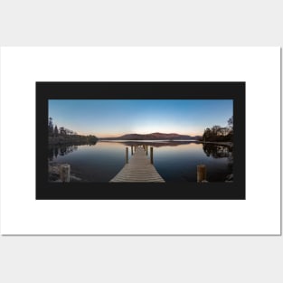 Morning Lake View with Jetty and Mountains Posters and Art